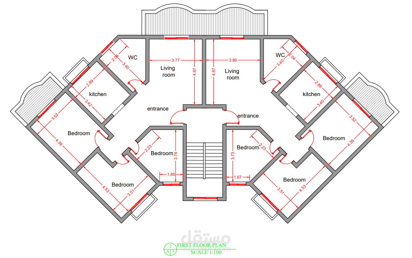 إعداد مخطط معماري وتوزيع فرش داخلي ثنائي الأبعاد (2D Floor Plan) لفيلا سكنية متماثلة باستخدام AutoCAD