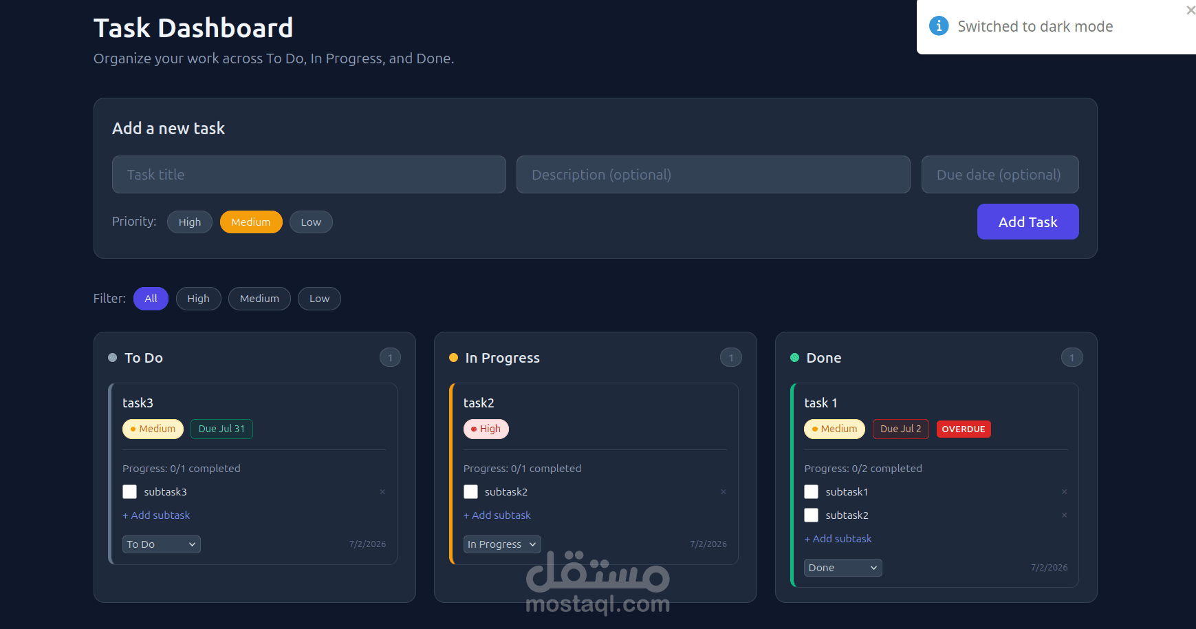 لوحة تحكم إدارة المهام