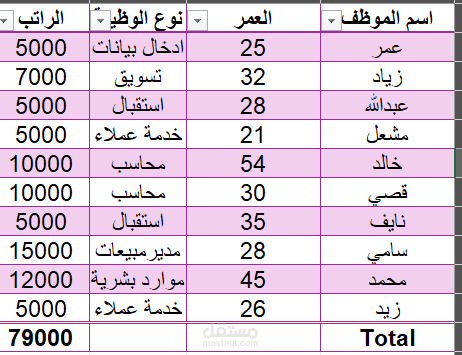ملف اكسل لبيانات الموظفين (تدريبي)