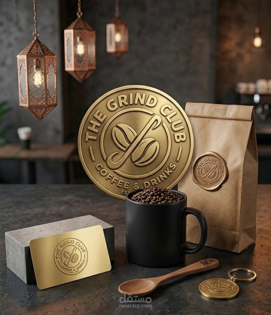 تصميم شعار دائري احترافي وعصري لكافيه ومشروبات (THE GRIND CLUB)