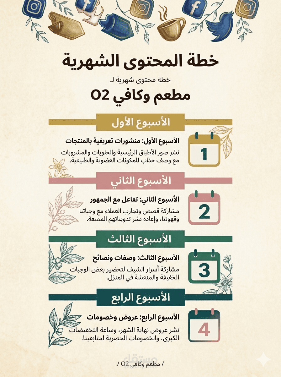 خطة محتوى شهريه لكافي ومطعم O2