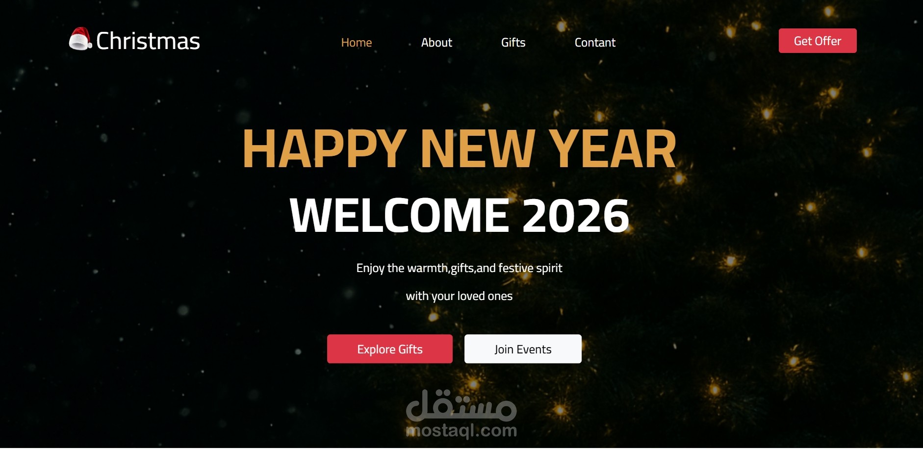 تصميم موقع احتفالي متعدد الصفحات بمناسبة رأس السنة باستخدام HTML, CSS, JavaScript
