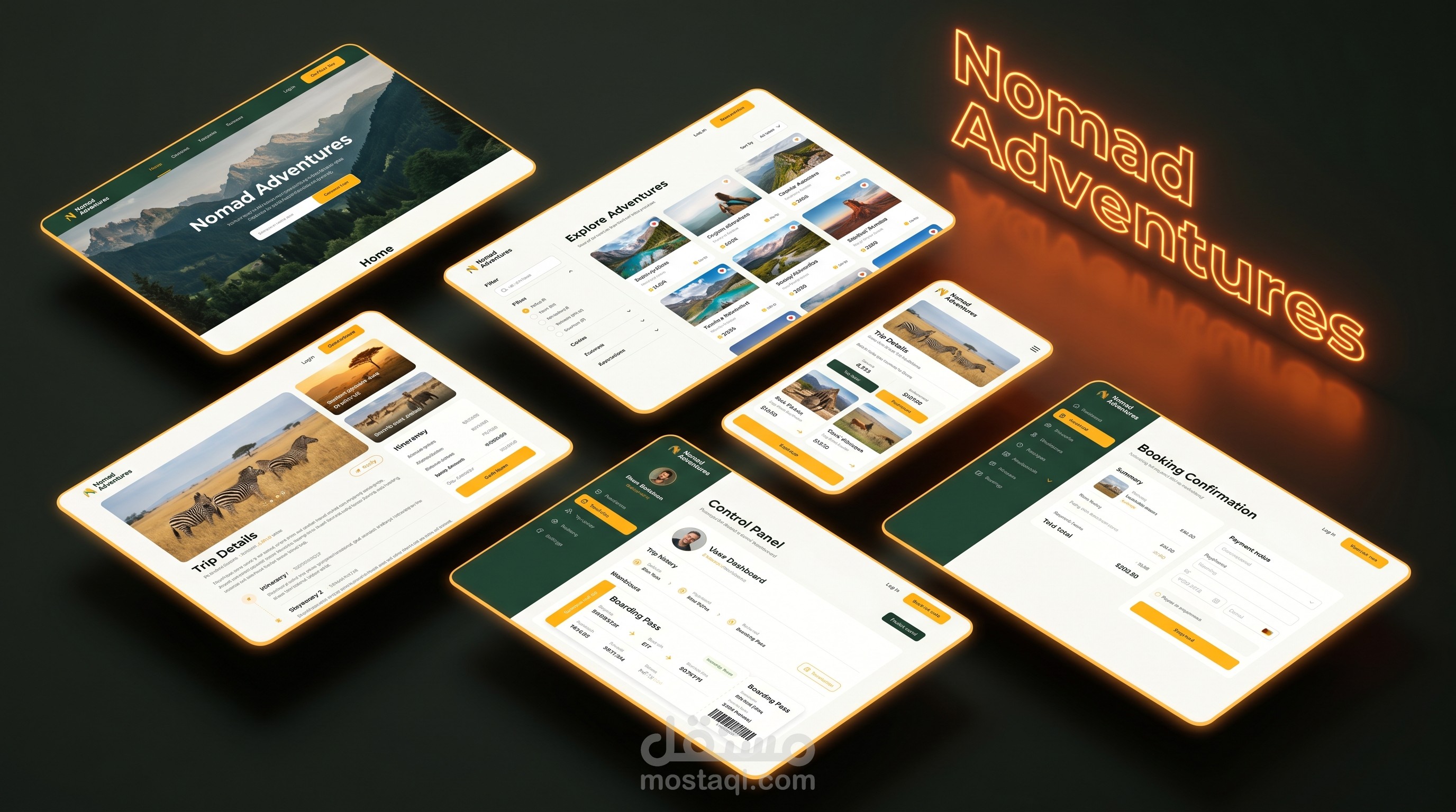 تصميم واجهات مستخدم كاملة لموقع حجز الرحلات والمغامرات السياحية (Nomad Adventures - 5 شاشات)
