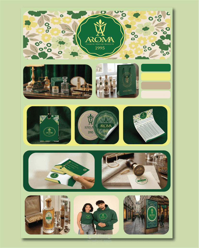 تصميم هوية بصرية كاملة وتغليف منتجات عطور وتجميل طبيعية | AROMA