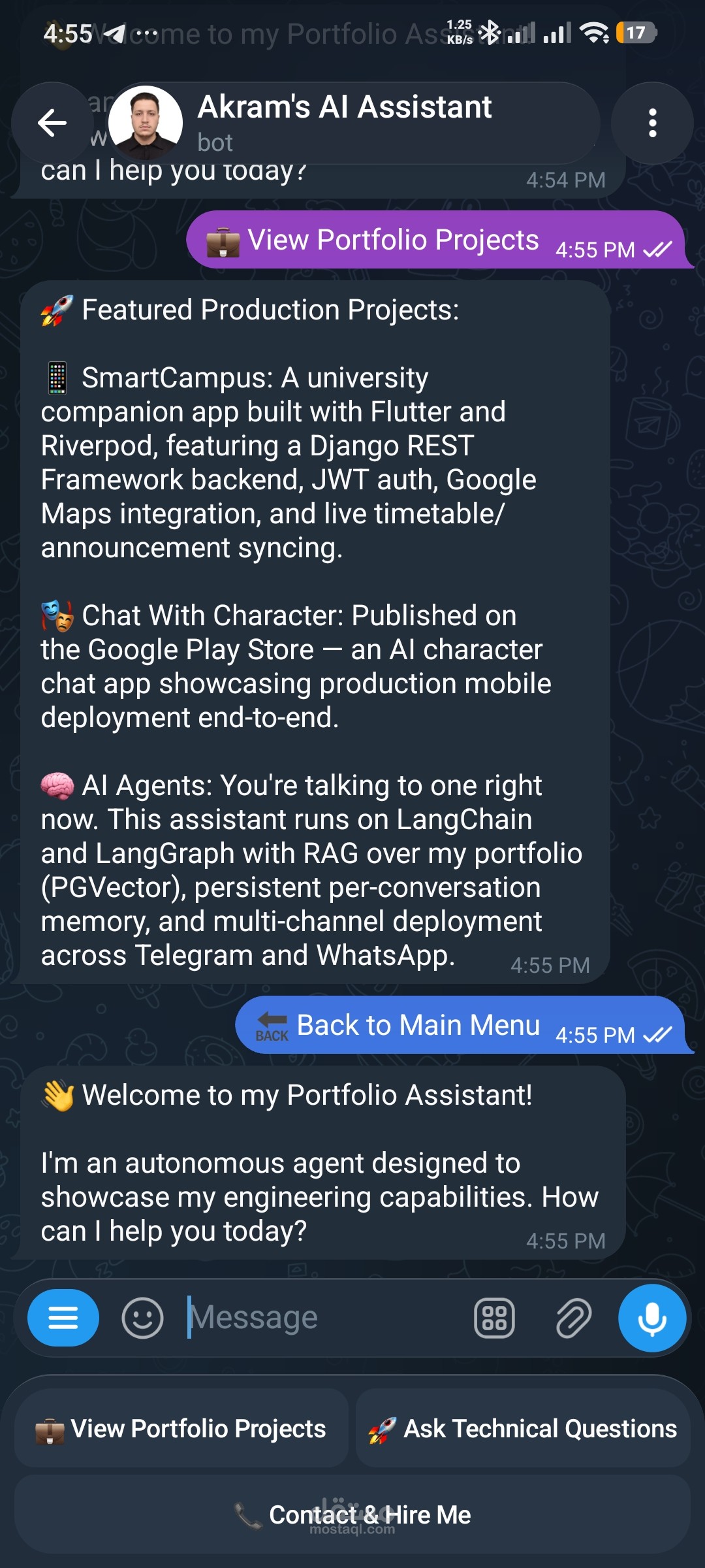 بناء وكيل ذكاء اصطناعي (AI Agent) مخصص لإدارة وتصفح معرض الأعمال عبر Telegram و WhatsApp