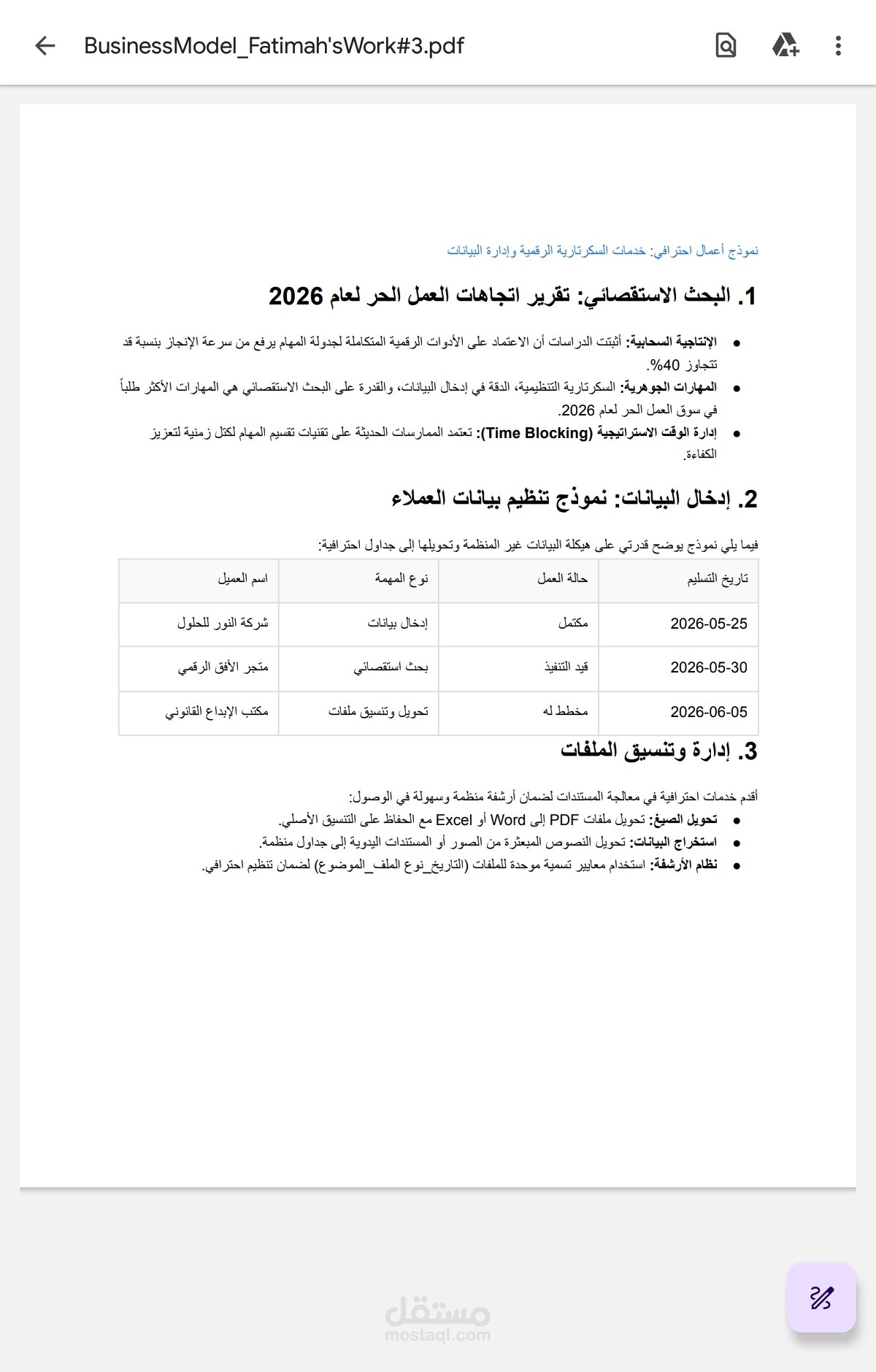 نموذج اعمال السكرتيرة الرقمية وإدارة البيانات