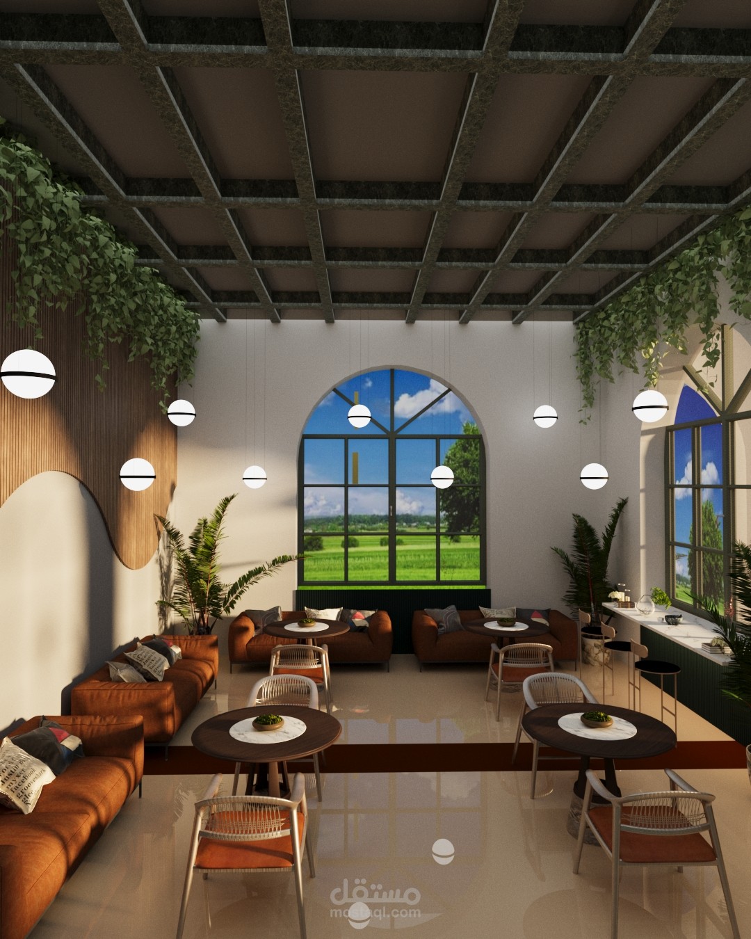 تصميم داخلي وإظهار ثلاثي الأبعاد لكافيه بطابع طبيعي (Biophilic Design)