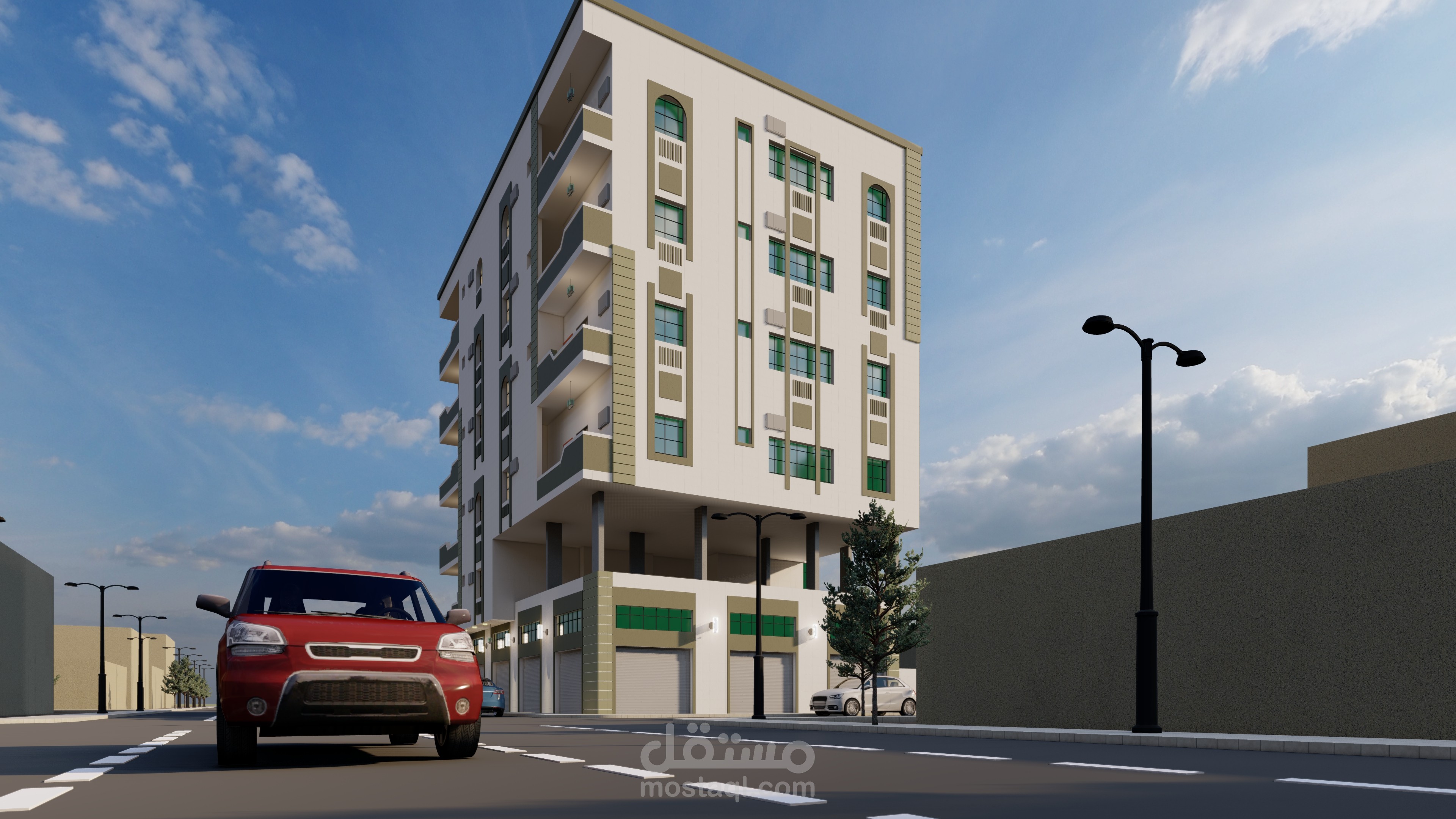 تصميم معماري وإظهار خارجي (3D) لمبنى متعدد الطوابق