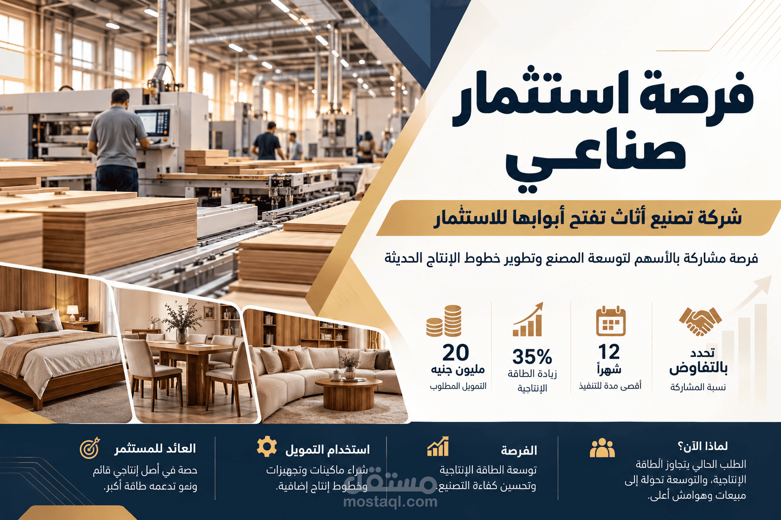 عرض استثماري وتمويلي لتوسعة مصنع أثاث – PowerPoint