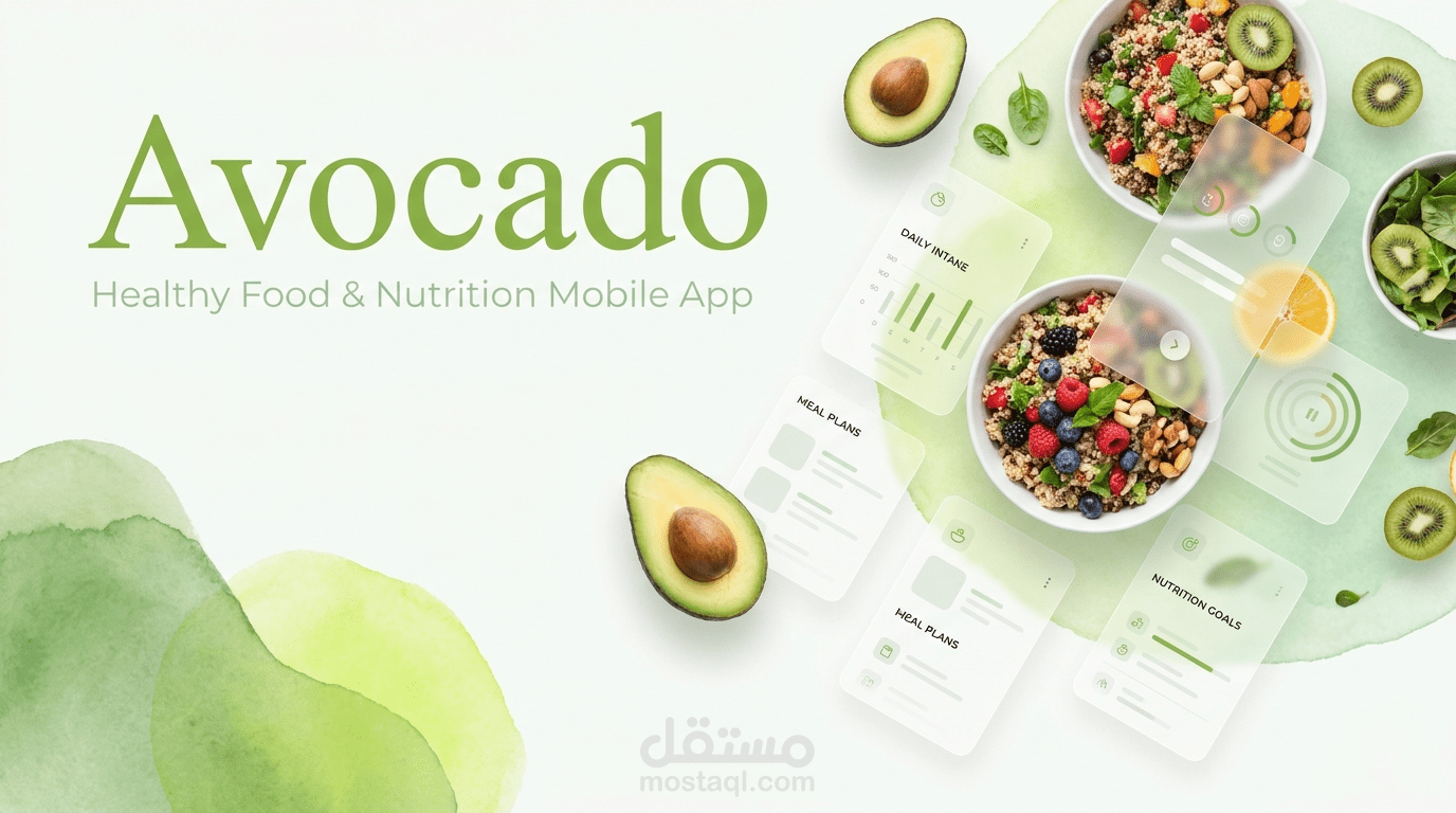 تصميم تجربة وواجهة مستخدم (UX/UI) لتطبيق Avocado للوجبات الصحية واللياقة البدنية