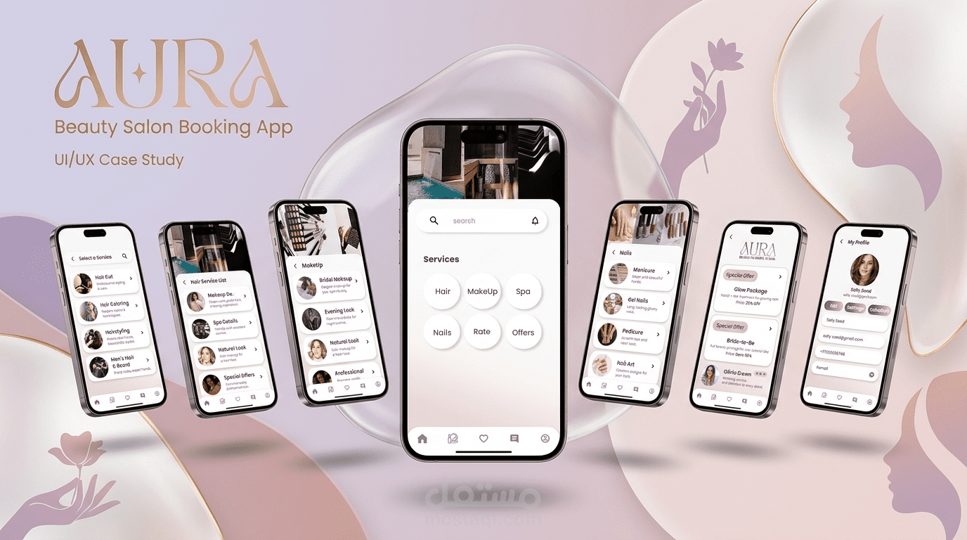 Aura Beauty App | تصميم UI/UX لتطبيق حجز خدمات التجميل