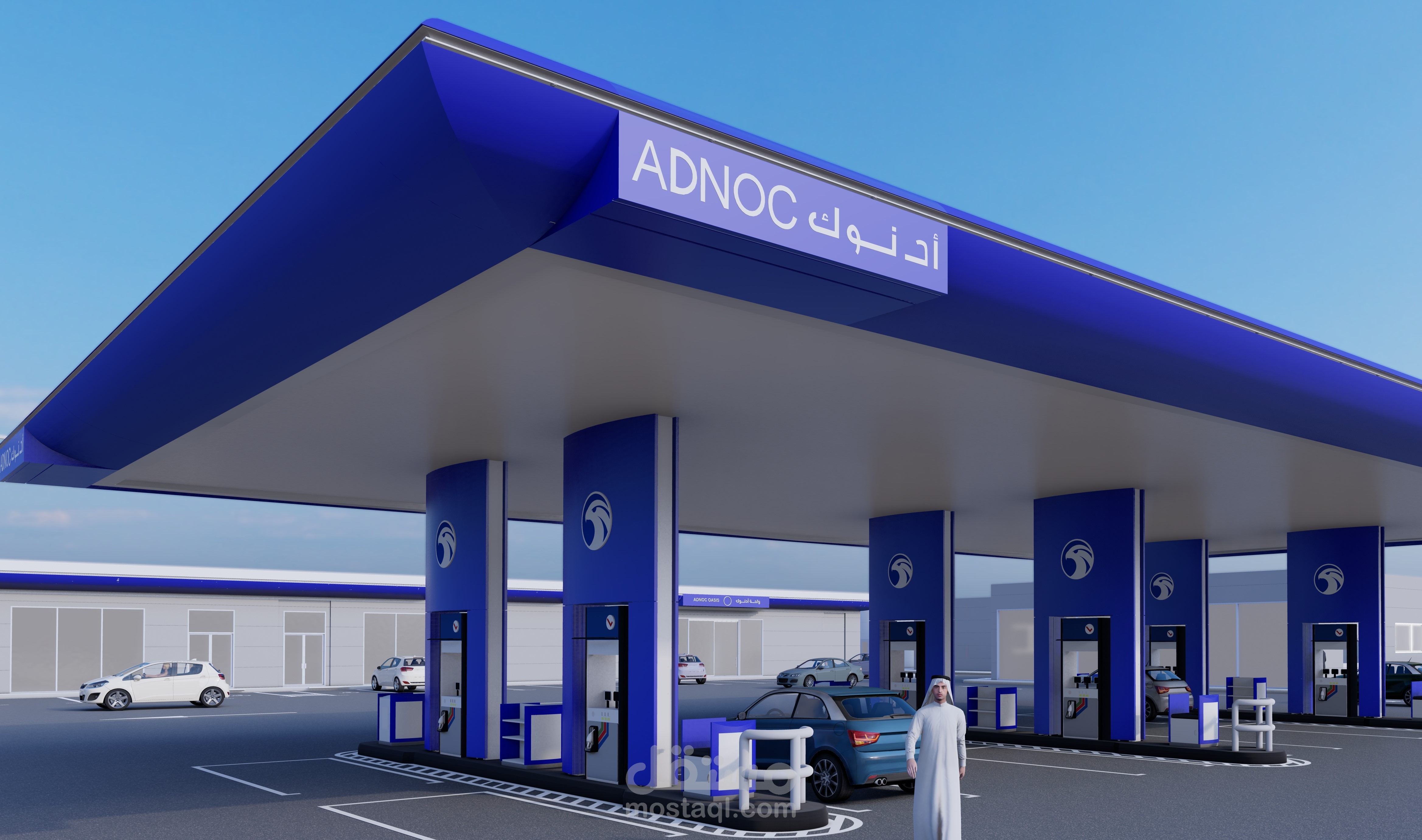 تصميم هندسي متكامل لمحطة وقود: من المخططات المعماريةإلى المنظور الواقعي.