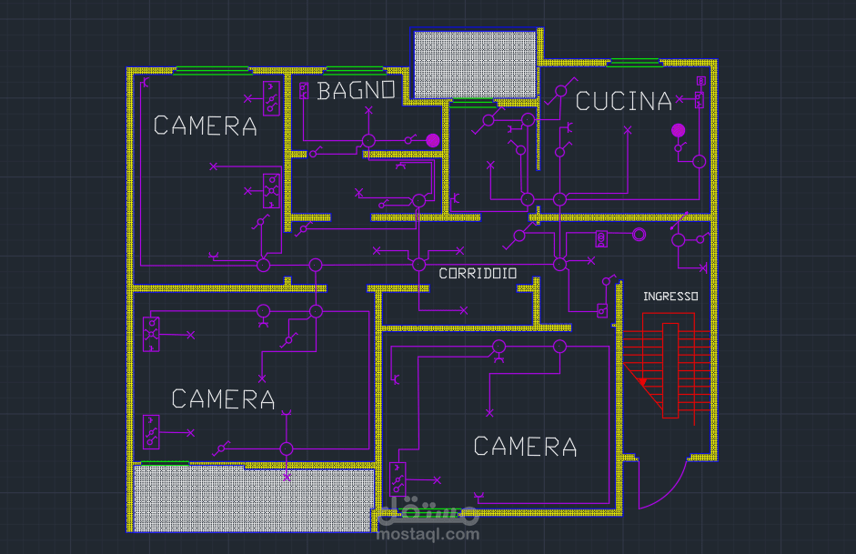 تصميم مخطط توزيعات كهربائية وإنارة لشقة سكنية باستخدام AutoCAD