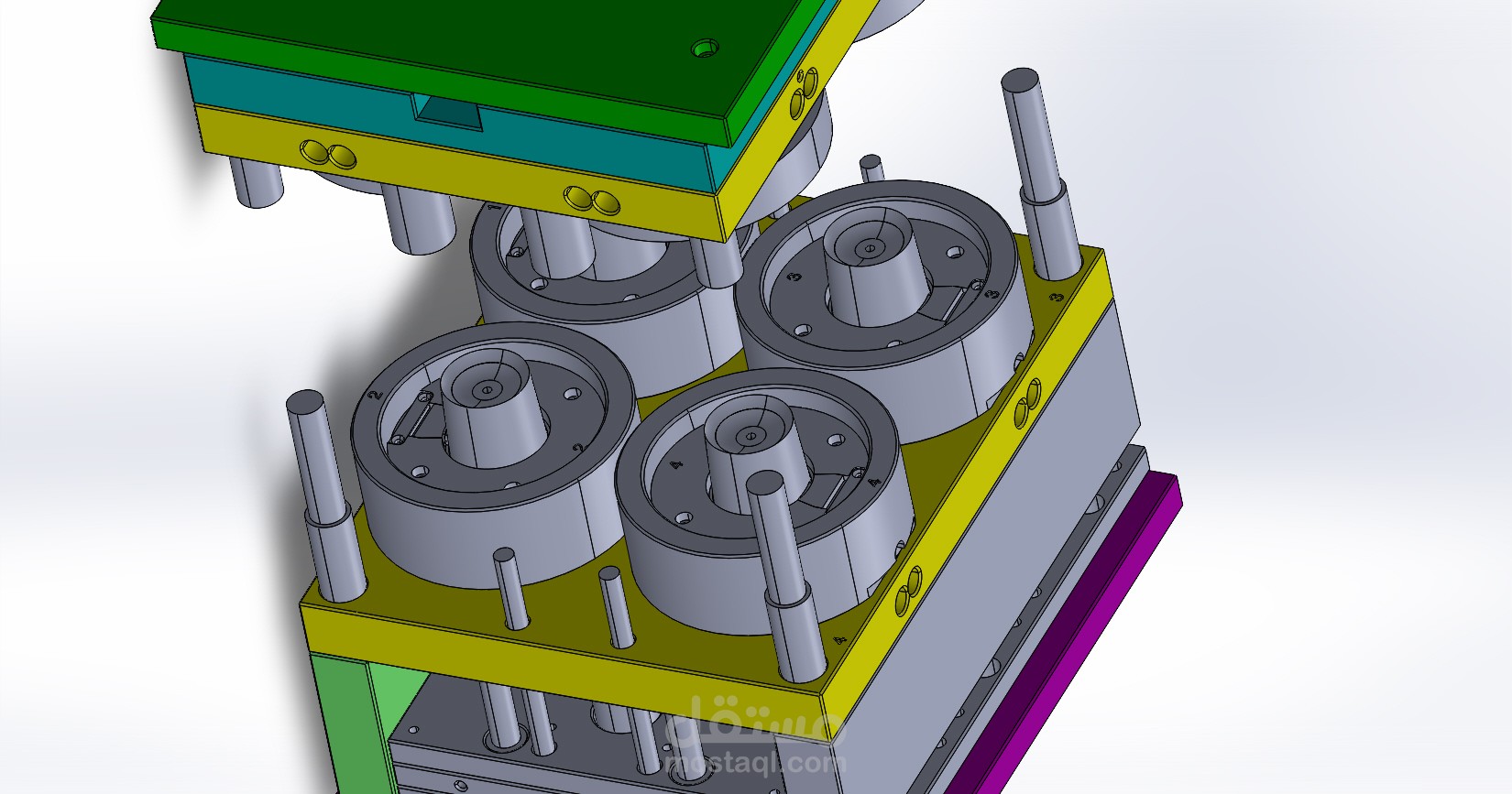تصميم قالب حقن بلاستيكي كامل لدلو سعة 0.35 لتر (4 تجاويف) باستخدام SolidWorks