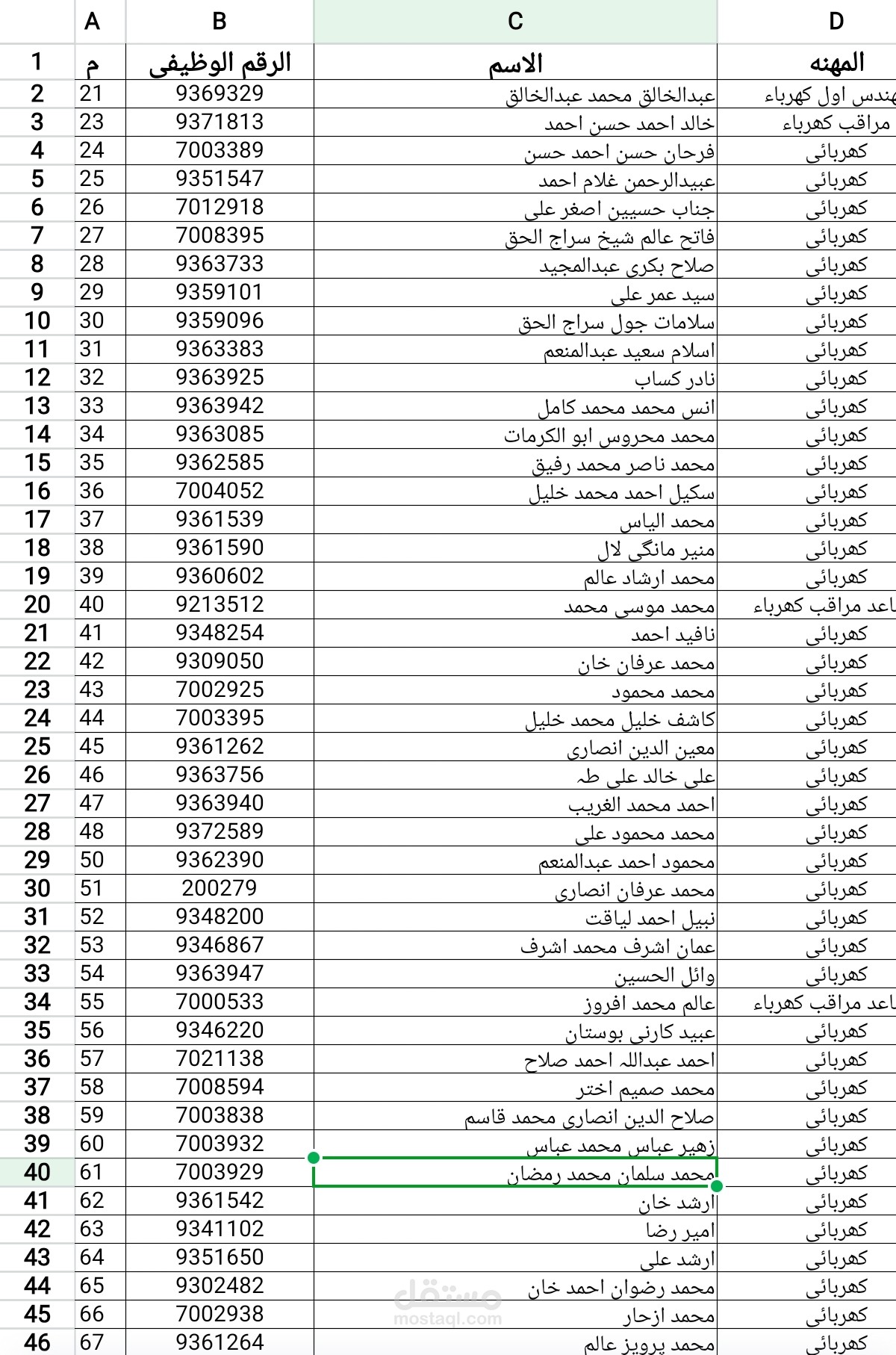 كشف اسماء للعدد من الموظفين مع الرقم الوظيفي