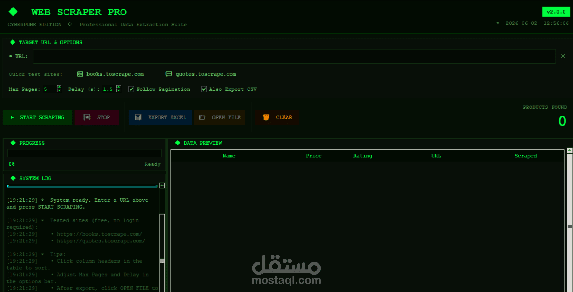 تطوير نظام أتمتة واستخراج بيانات الويب المتقدم (Web Scraper Pro - Cyberpunk UI).