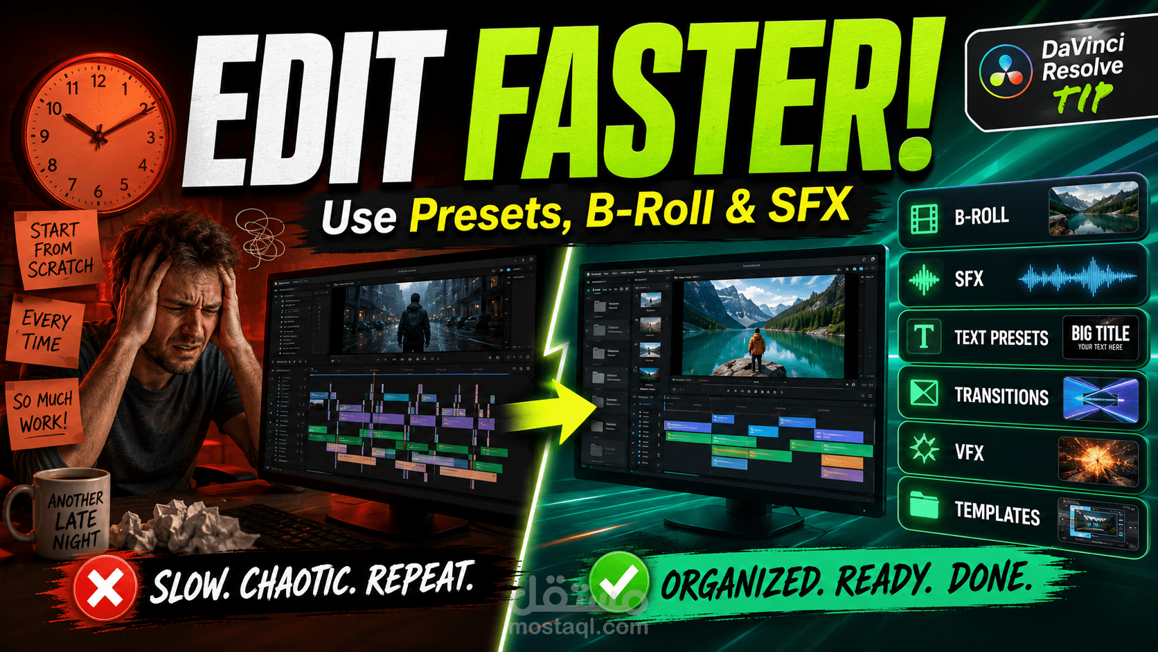 مونتاج فيديو Shorts تعليمي عن تسريع العمل على DaVinci Resolve