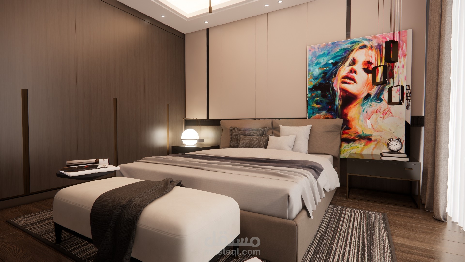 تصميم داخلي وإظهار معماري واقعي لغرفة نوم رئيسية (Master Bedroom) بأسلوب مودرن معاصر