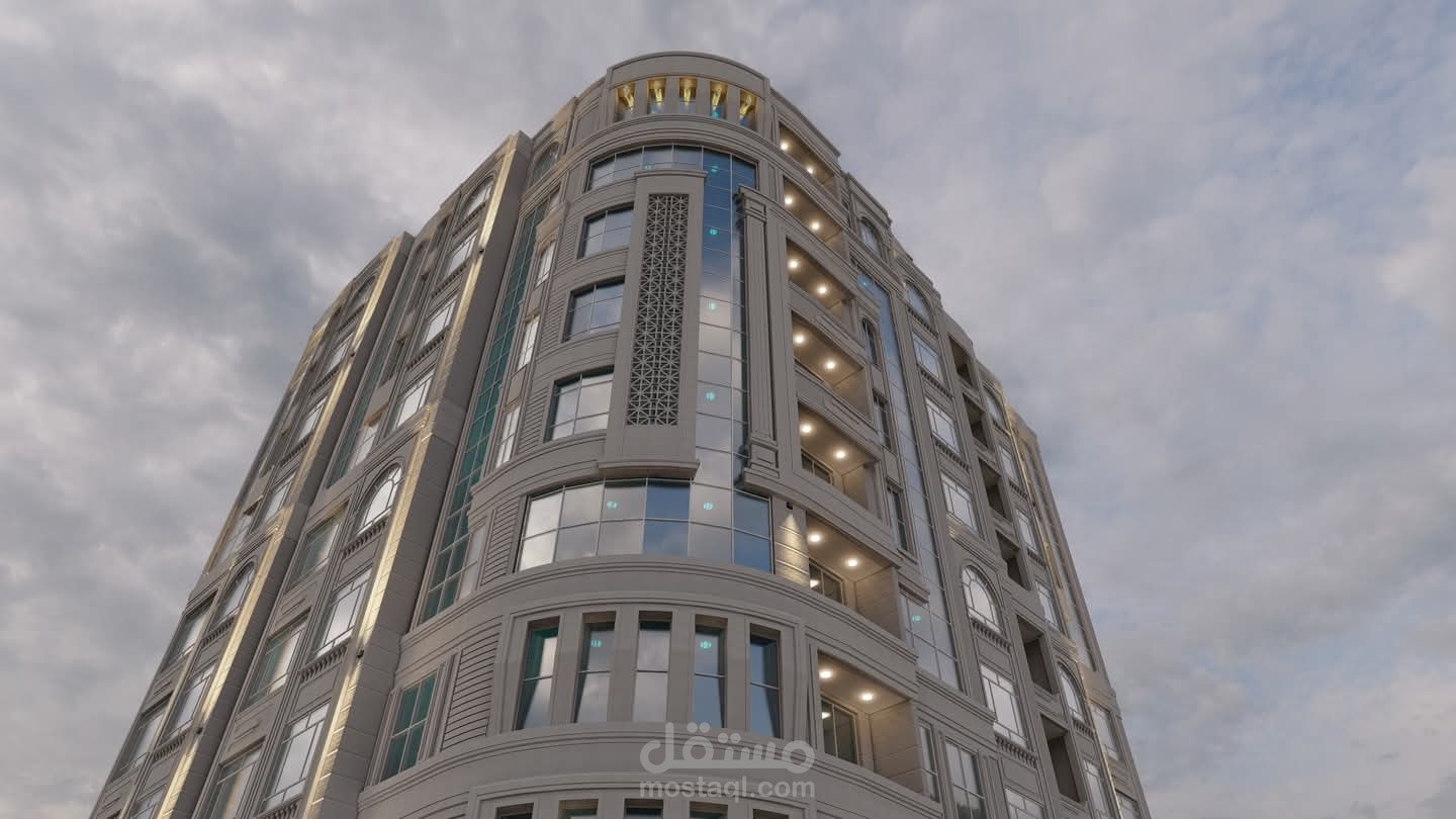 دراسة تفصيلية وإظهار معماري قريـب لواجهة مبنى سكني وتجاري