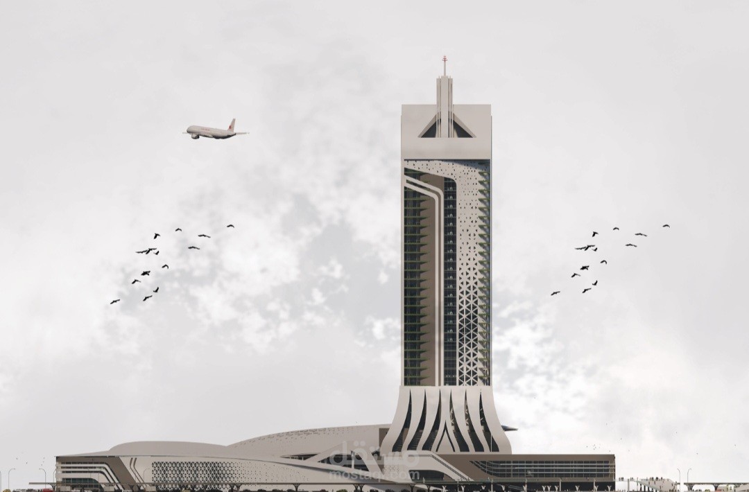 تصميم وإظهار معماري لبرج أيقوني حديث مع مبنى قاعدة متعدد الاستخدامات