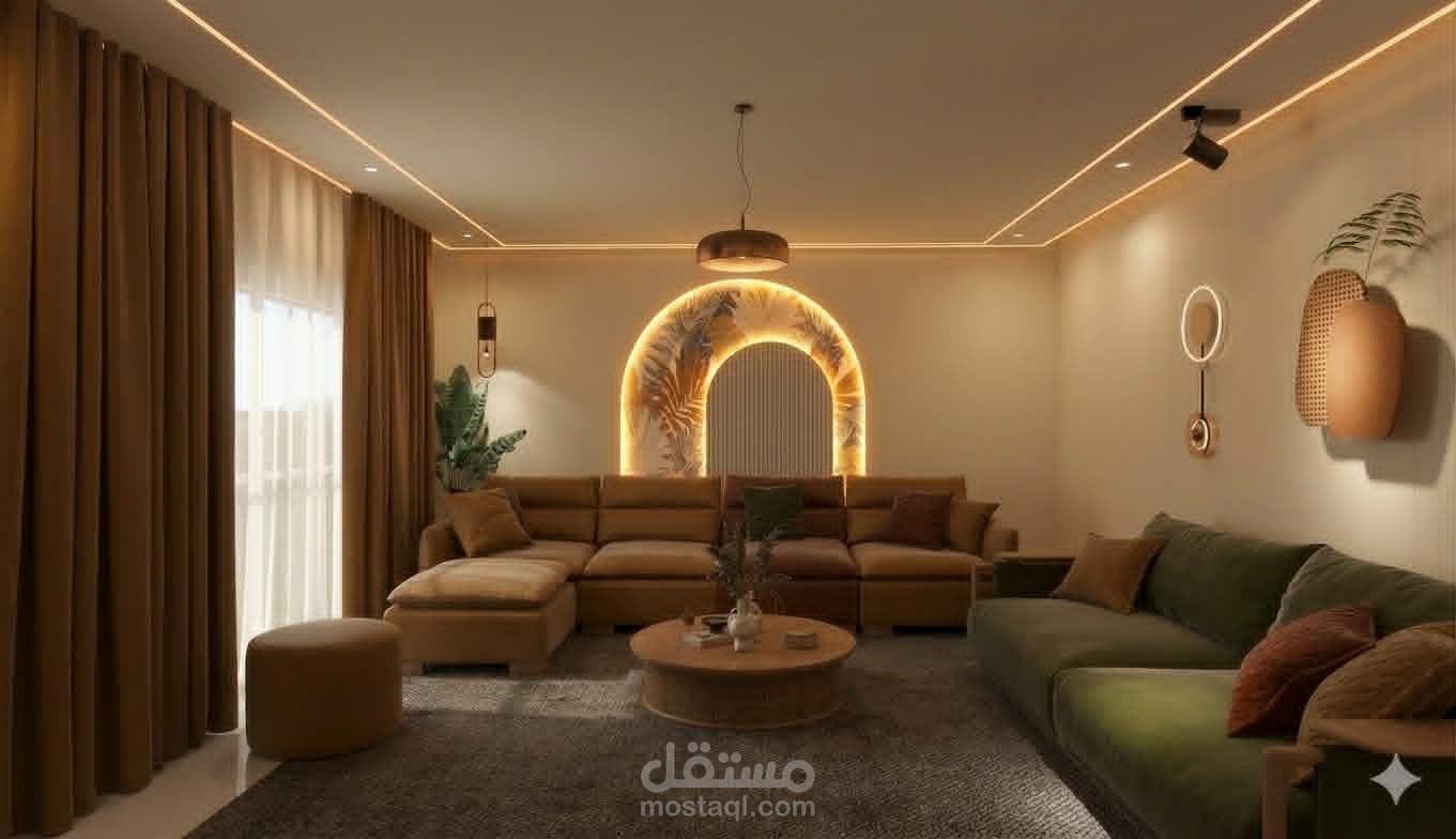 تصميم داخلي وإظهار معماري لغرفة معيشة مودرن (Warm Living Room).
