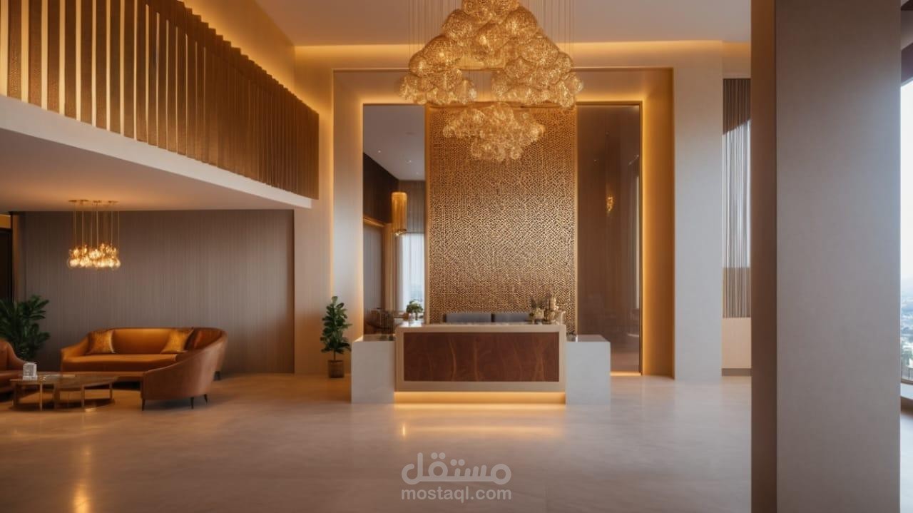 تصميم داخلي فاخر لمنطقة استقبال وردهة فندقية