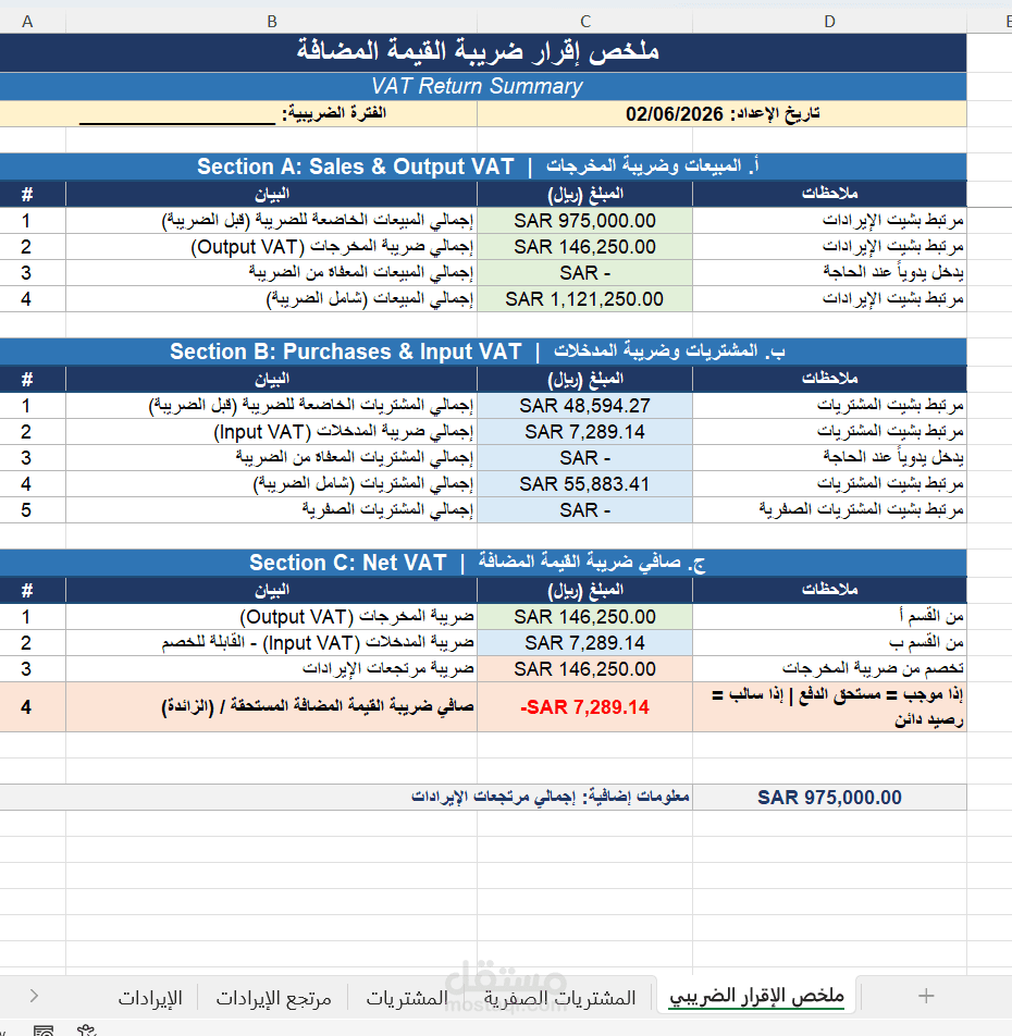 شيت الكسيل لضريبة القيمة المضافة