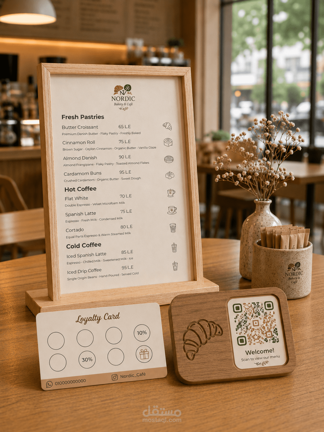 هوية بصرية وتصميم منيو فاخر لكافيه ومخبز نورديك (Nordic Bakery & Café)