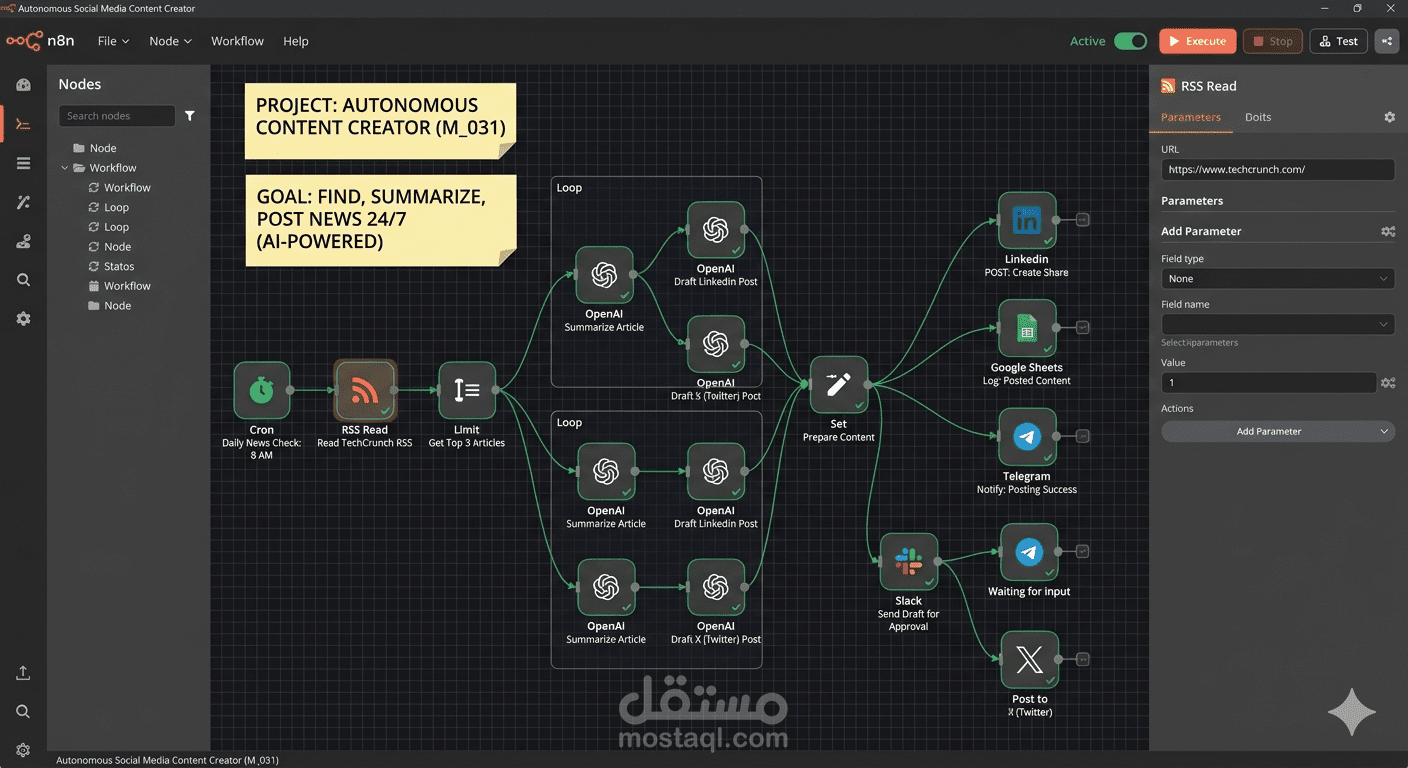 نظام ذكاء اصطناعي مؤتمت بالكامل (Autonomous) لصناعة وجدولة المحتوى عبر n8n