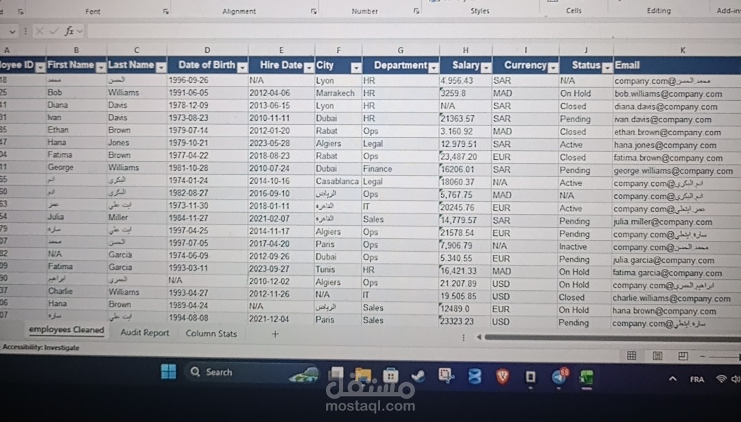 تنظيف وتنظيم قاعدة بيانات الموظفين (HR Data Cleaning)