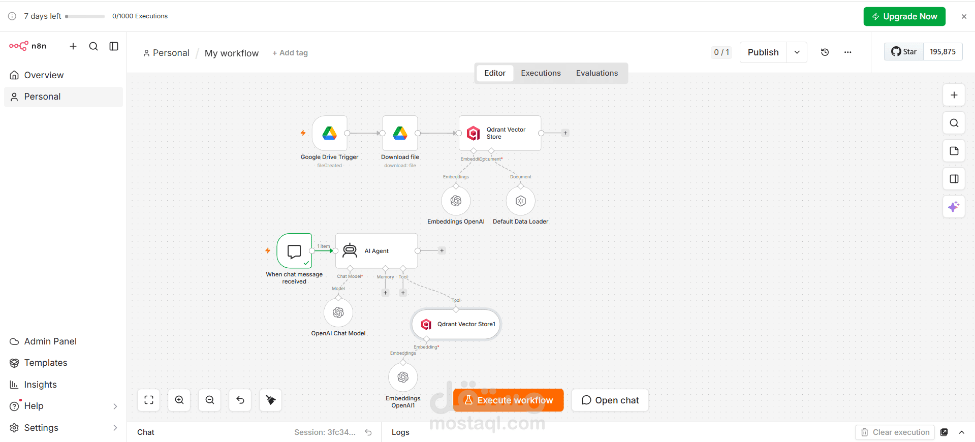 بناء وكيل ذكاء اصطناعي ذكي (AI Agent) مع قاعدة معرفة مخصصة بتقنية RAG باستخدام n8n.