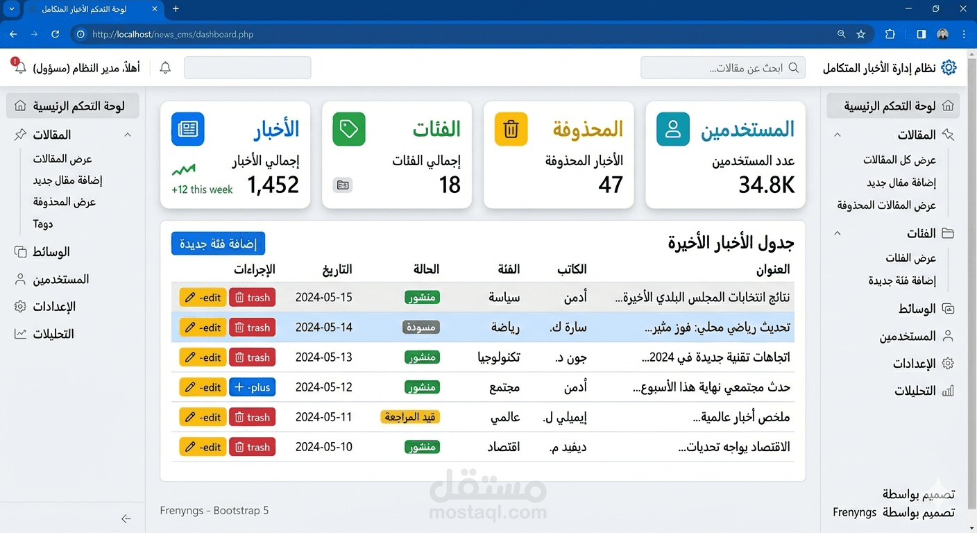 نظام إدارة المواقع الإخبارية : التنفيذ العملي لاستخدام PHP وإضافة ميزات Bootstrap