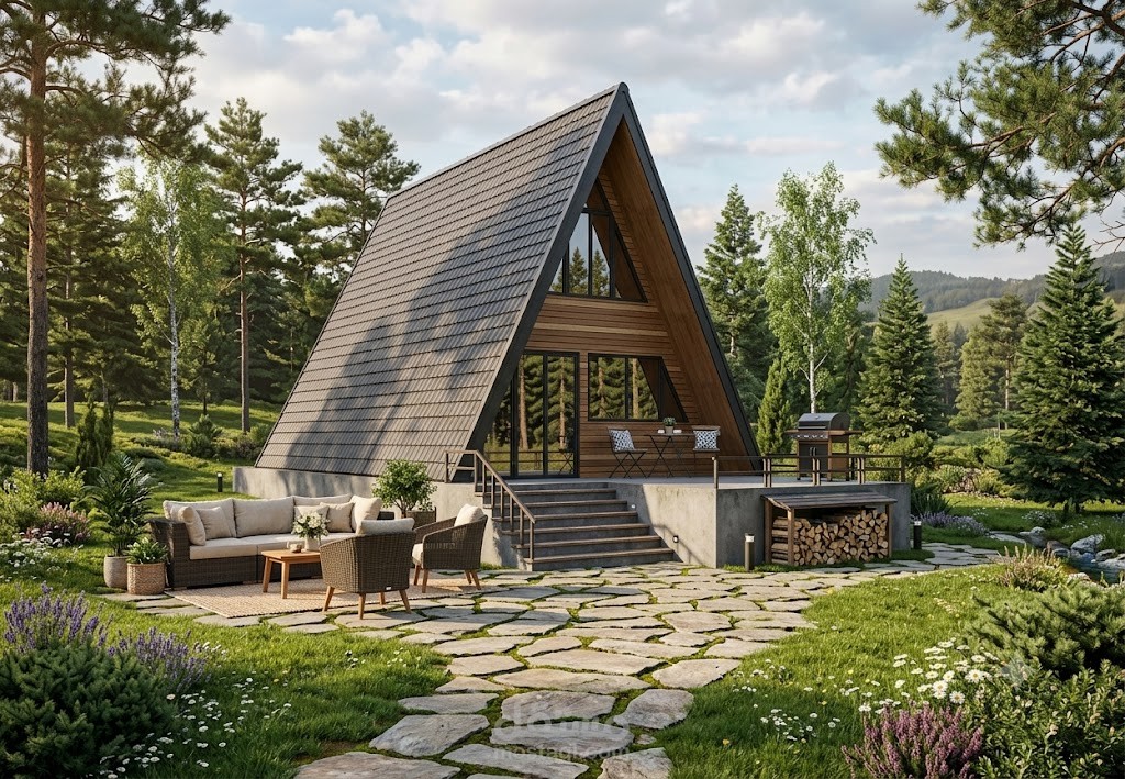 تصميم معماري ورندر واقعي لشاليه جبلي3D/ Modern A-Frame Cabin Design