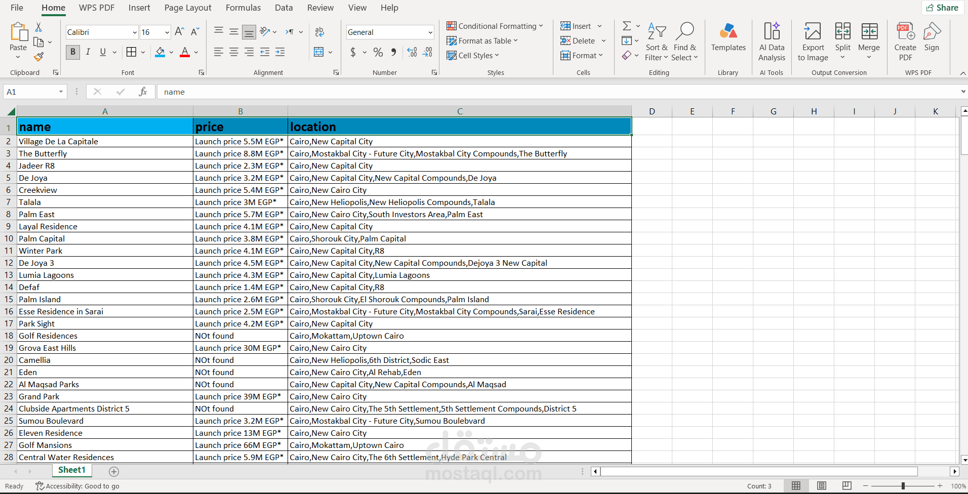 استخراج بيانات عقاريه من الويب ووضعها في ملف excel