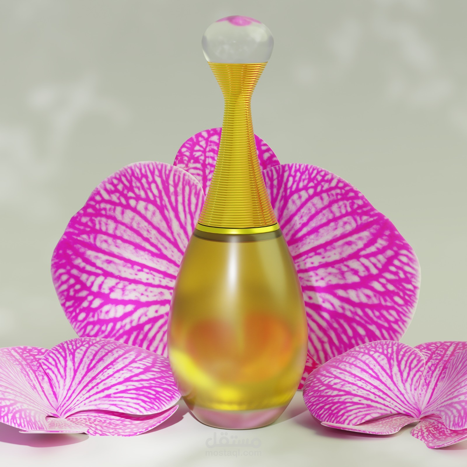 تصميم وتصيير ثلاثي الأبعاد (3D Rendering) لعطر فاخر مستوحى من Dior J'adore