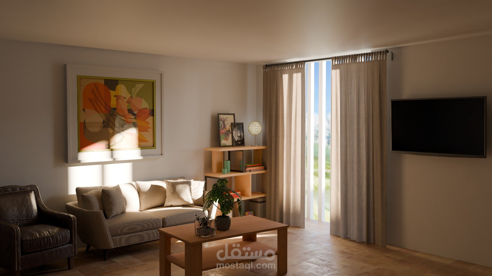 تصميم داخلي واقعي (3D Interior Visualization) لغرفة معيشة