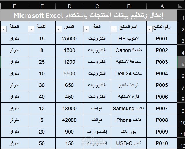 ادخال وتنظيم بيانات المنتجات باستخدام Microsoft Excel