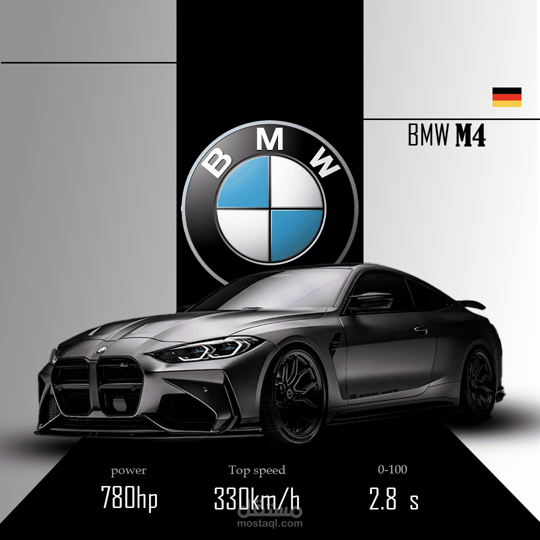 تصميم بوستر إعلاني تجاري مبتكر لسيارة BMW M4 (دمج وتنسيق بصري احترافي)