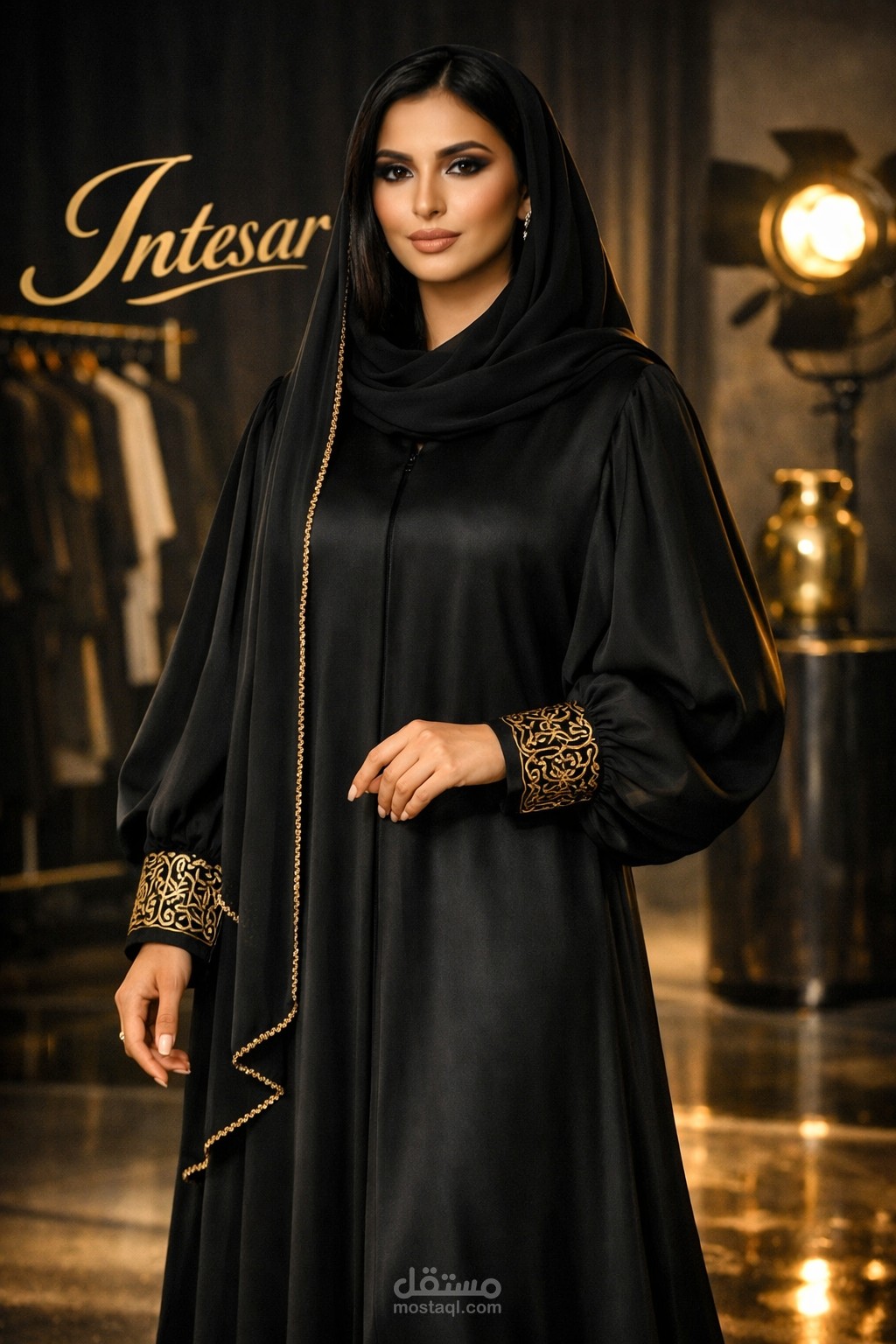 تصميم عباية سهرة ملكية من قماش الجورجيت مع تطريز ذهبي فاخر