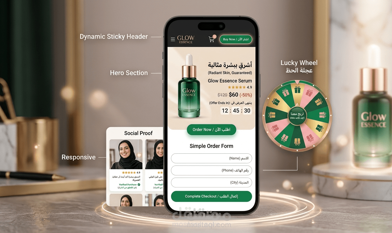 تصميم وبرمجة صفحة هبوط تفاعلية فاخرة (Landing Page) لمتجر تجميل مع عجلة هدايا ذكية | React & Tailwind
