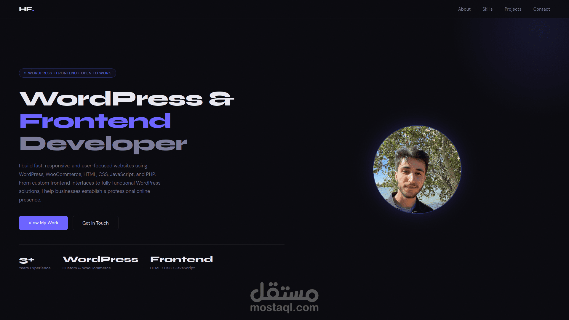 موقع بورتفوليو شخصي مبني على WordPress وHTML/CSS