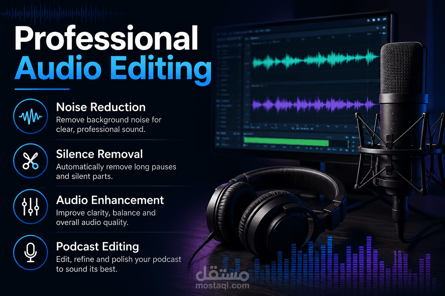 You will get Professional Audio Editing, Noise Reduction & Audio Enhancement