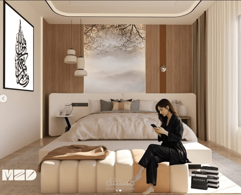 تصميم غرفة نوم رئيسية مودرن بلمسات دافئة
