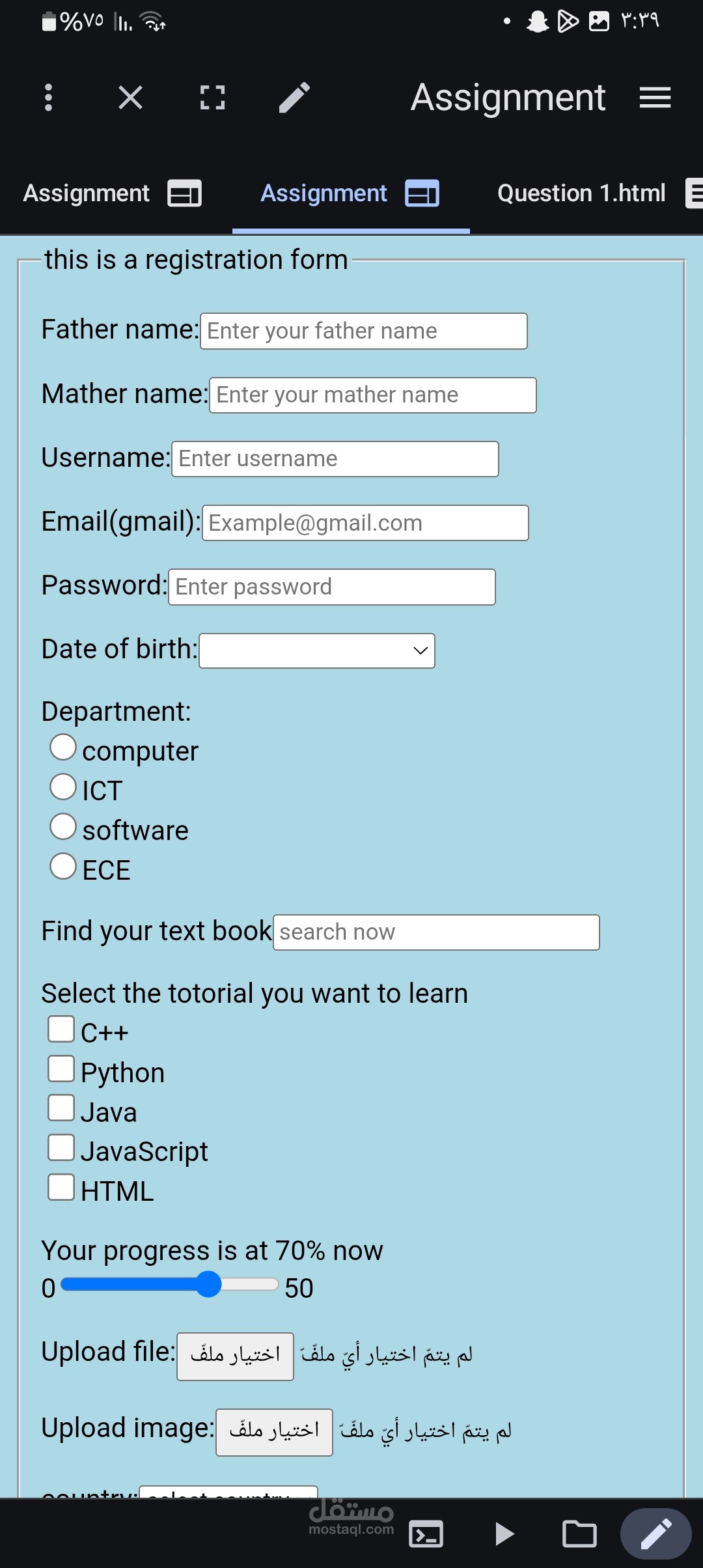 تصميم وبرمجة واجهة نموذج تسجيل إلكتروني (Registration Form)