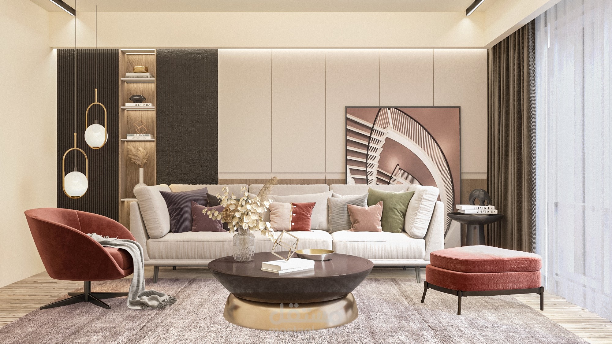 تصميم داخلي وإظهار معماري لغرفة معيشة مودرن فاخرة (Luxury Living Room Concept)