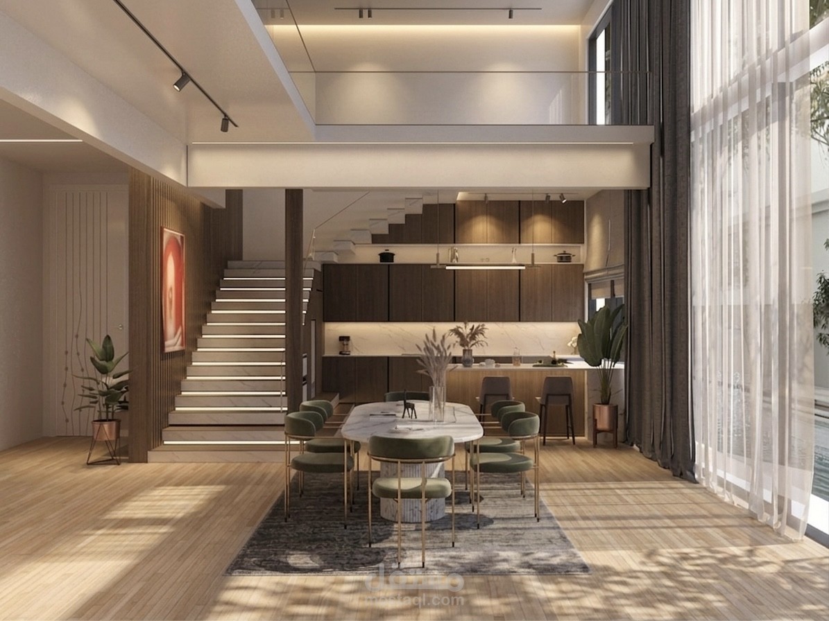 تصميم داخلي وإظهار معماري متكامل للطابق الأرضي لفيلا مودرن فاخرة
