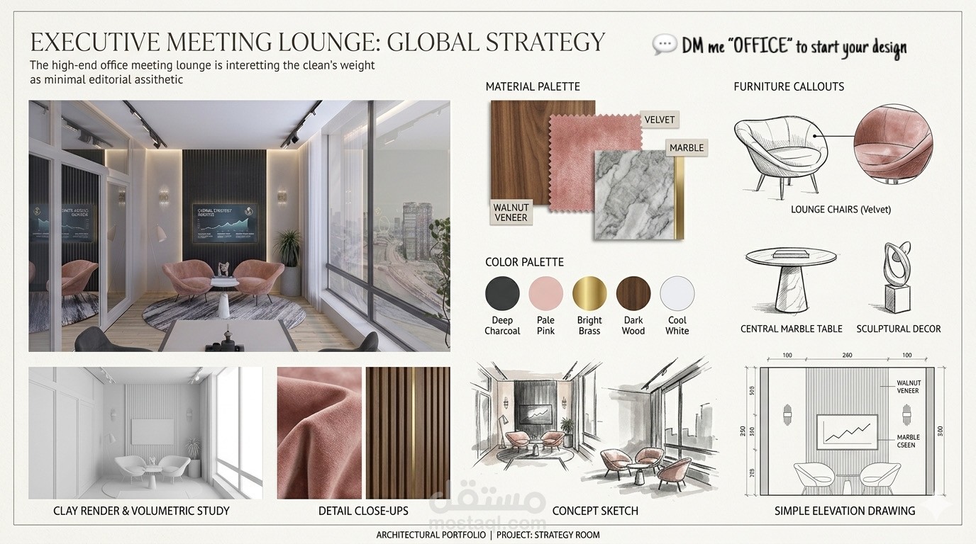 تصميم داخلي تنفيذي لمكتب إداري فاخر وركن اجتماعات (Executive Office Design)