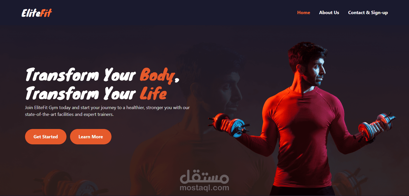 تصميم وتطوير واجهة موقع للياقة البدنية باستخدام HTML وCSS وBootstrap وJavaScript