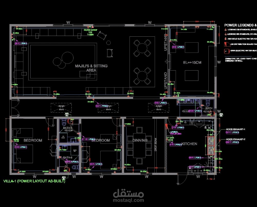 إعداد وتدقيق مخططات القوى (Power Layout) وجداول توزيع الأحمال الكهربائية (Load Schedules) لفيلا سكنية
