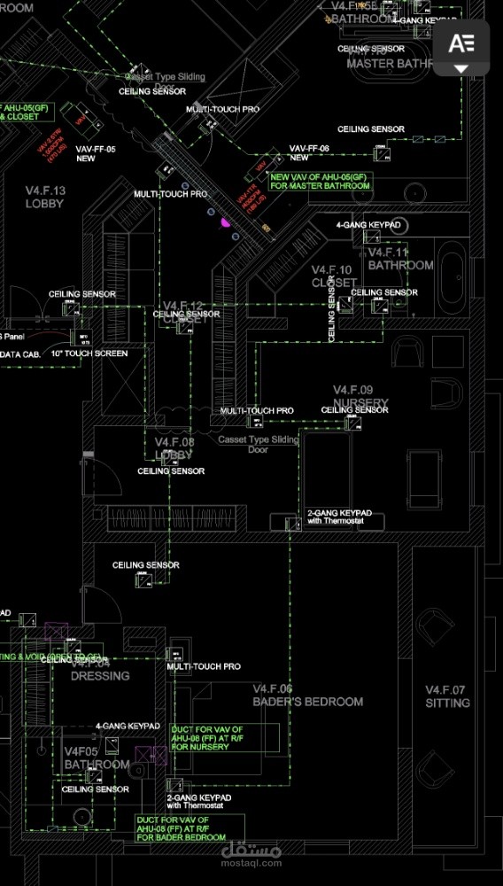 تصميم وتوزيع مخططات الأنظمة الذكية والتحكم البيئي (KNX System) لفيلا سكنية حديثة